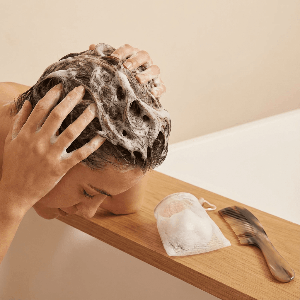 一個人正在用雙手將豐富的泡沫塗抹在頭皮上,一旁放著起泡網和一把牛角梳。