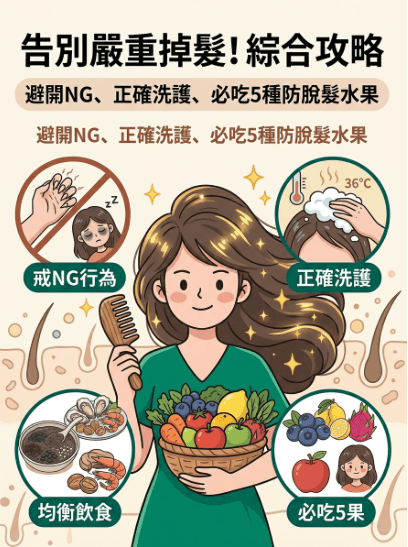 這張圖作為整篇文章的總結和吸引點擊,中心是一個充滿活力、長著豐盈秀髮的自信女性。環繞著她,有小的圖示和繁體中文標籤,分別代表四張插圖的主題,並採用更豐富、更生動的卡通插圖風格。